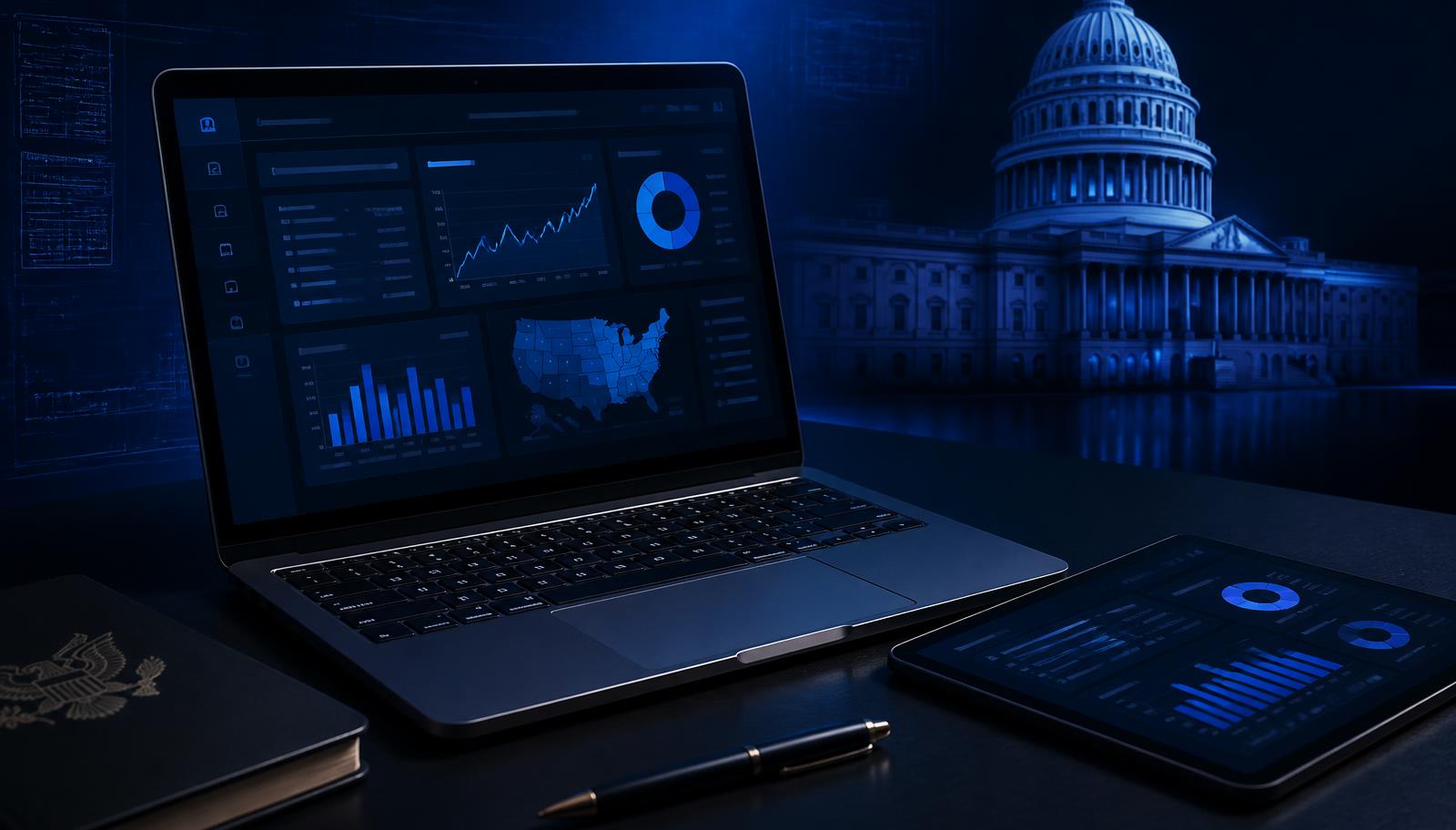 Modern government contractor website analytics dashboard on a laptop with a federal building in the background