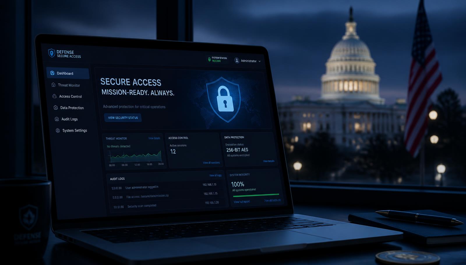 Secure website dashboard on a laptop with a federal government building and American flag at dusk in the background
